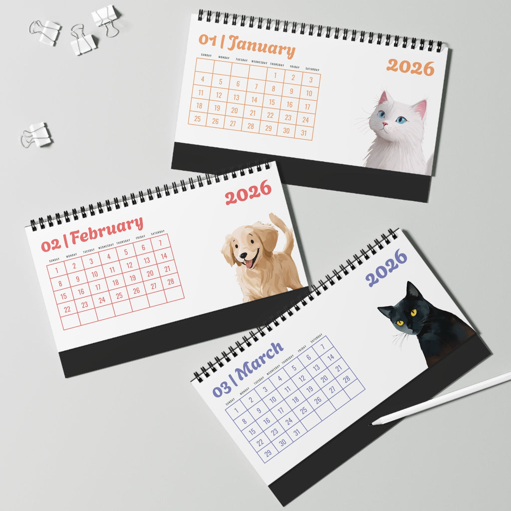 2026 Desk Calendar with Pet Illustrations | Cute Dog Cat Animal Desktop Calendar | Gift for Pet Lovers | Monthly Planner Stand - Apricot Cat Calendar
