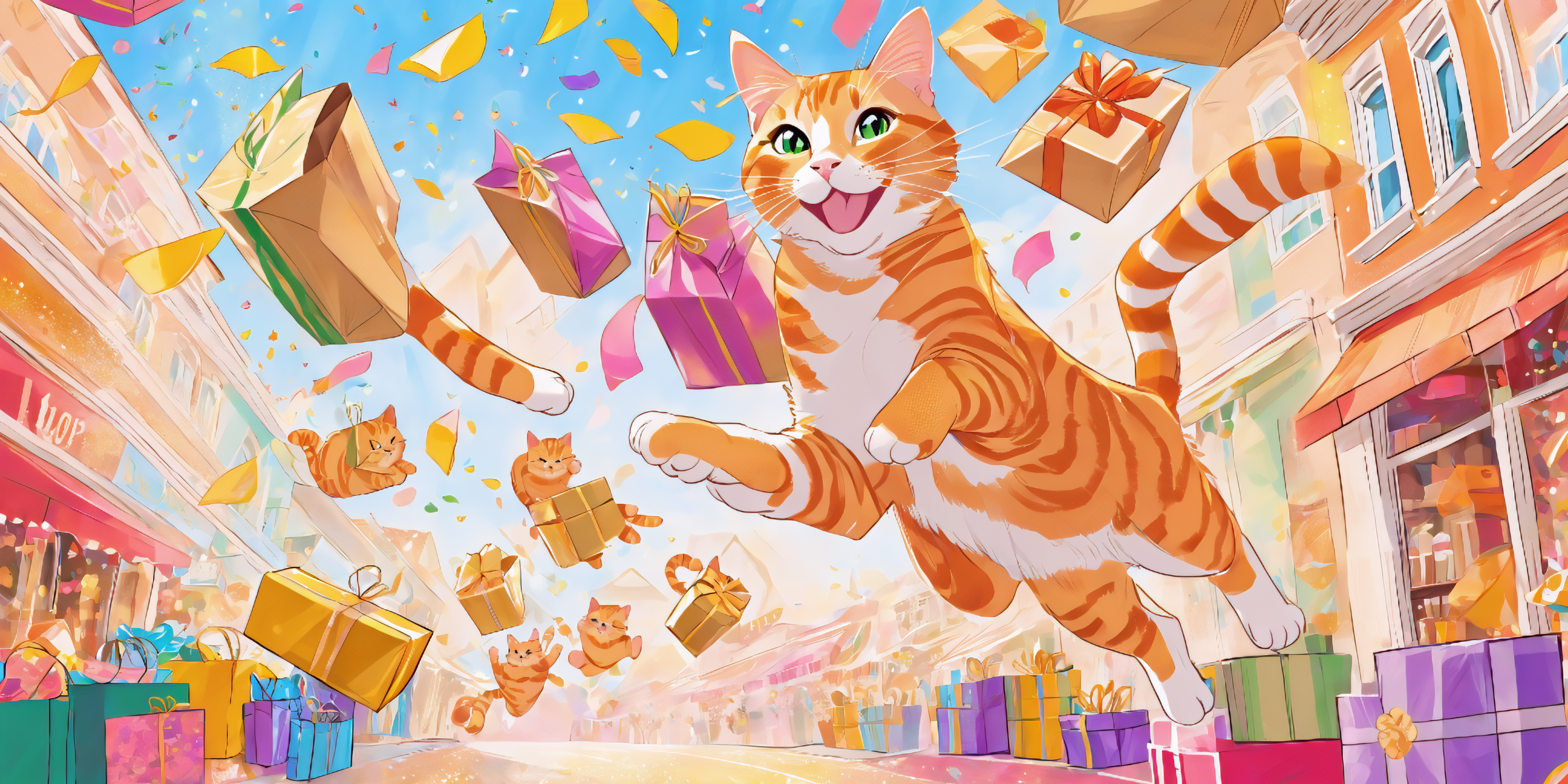 Illustration of a cat running through a shopping street with discounted gift boxes and confetti