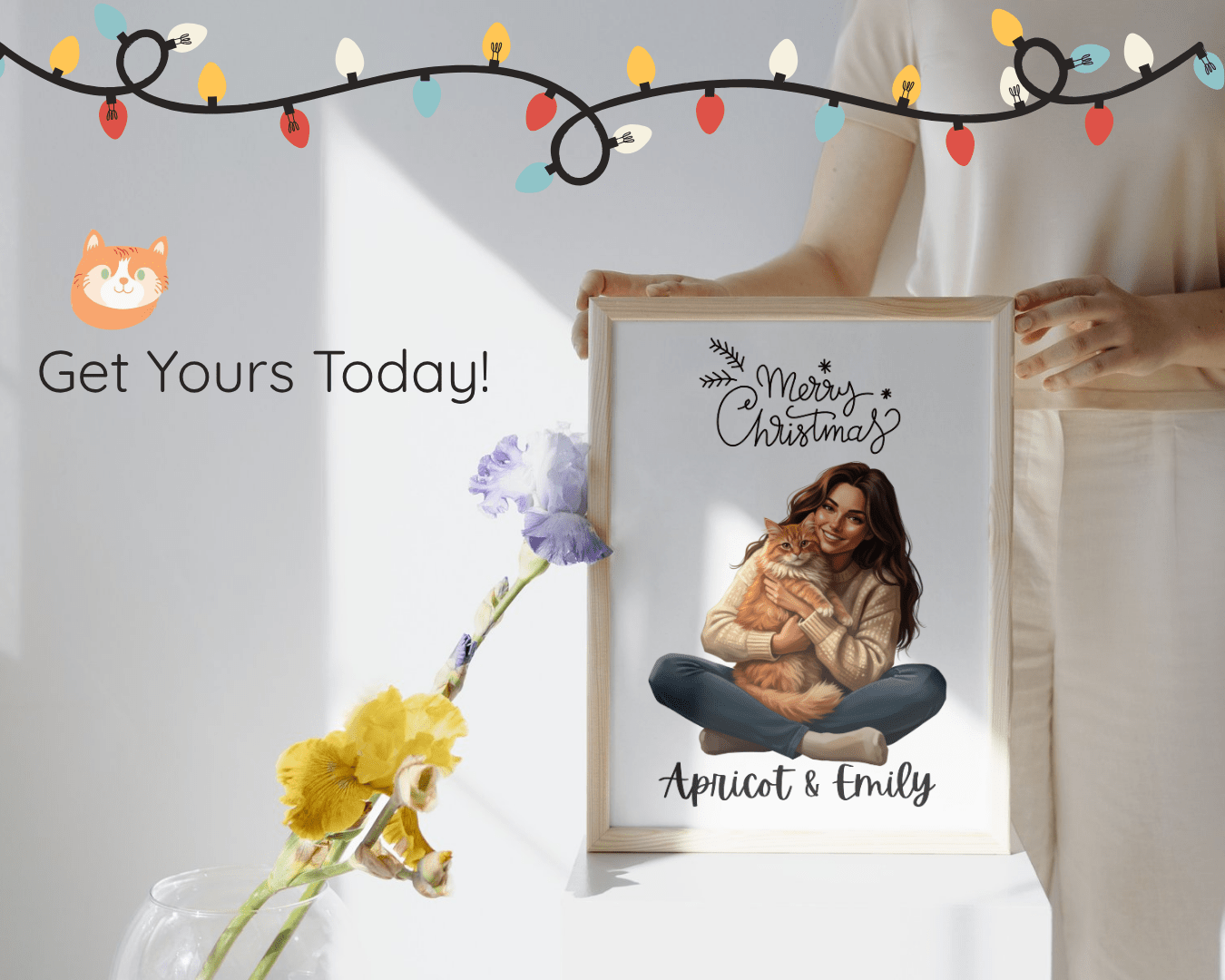 Custom Family Christmas Portrait, Personalized Pet Holiday Illustration, Digital Art Print, Christmas Gift for Family, Custom Drawing - Apricot Cat