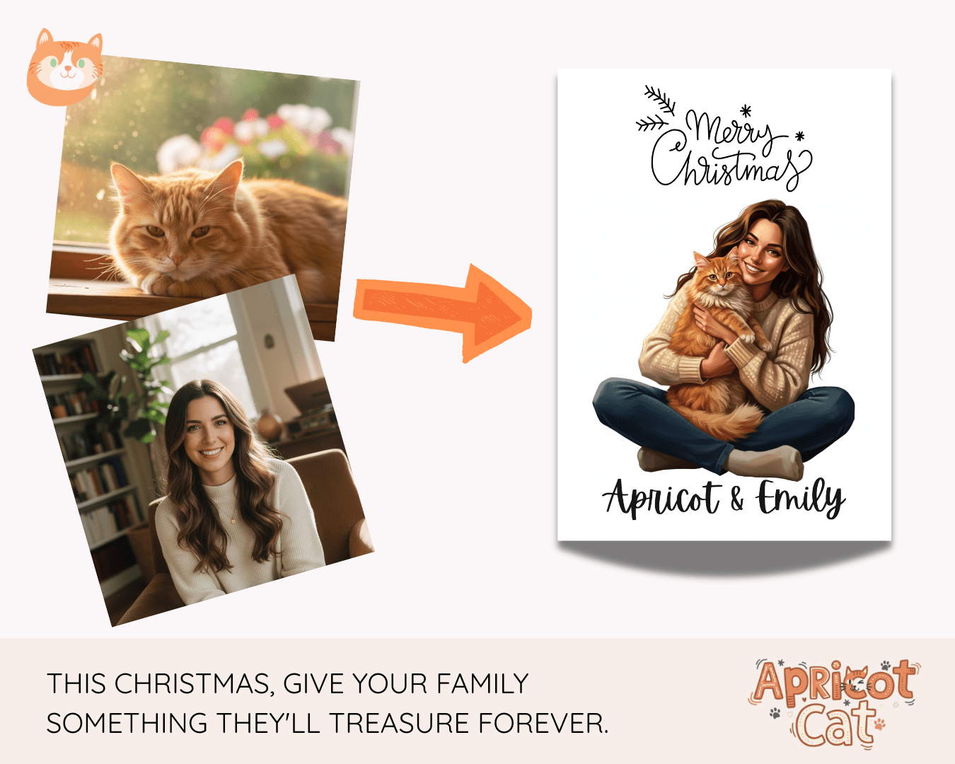 Custom Family Christmas Portrait, Personalized Pet Holiday Illustration, Digital Art Print, Christmas Gift for Family, Custom Drawing - Apricot Cat