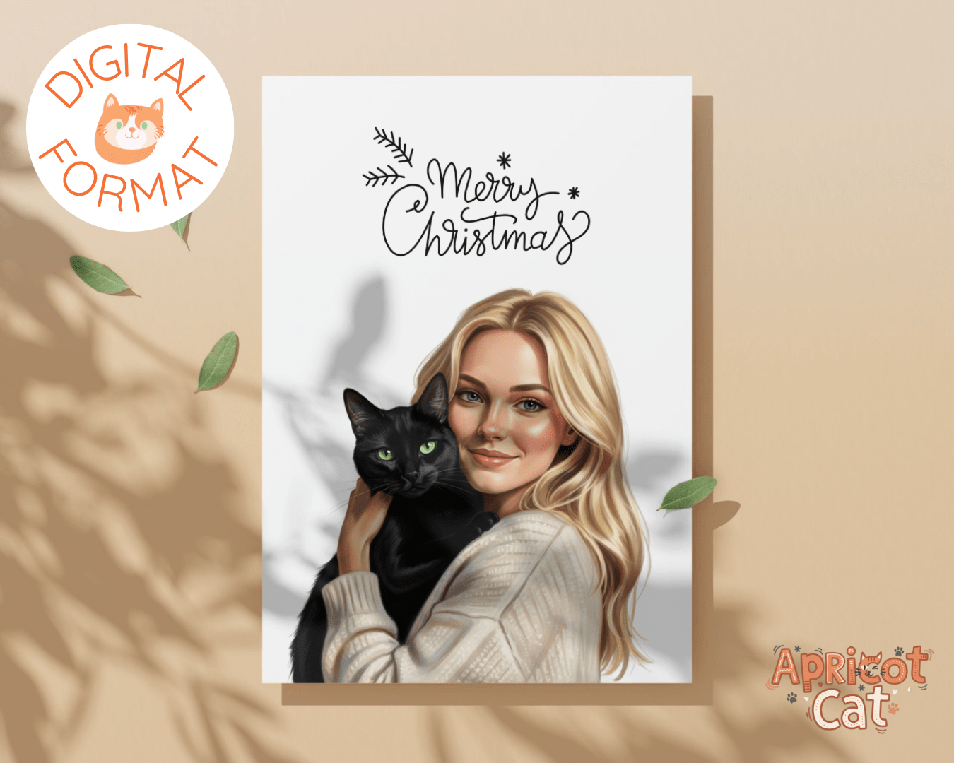 Custom Family Christmas Portrait, Personalized Pet Holiday Illustration, Digital Art Print, Christmas Gift for Family, Custom Drawing - Apricot Cat