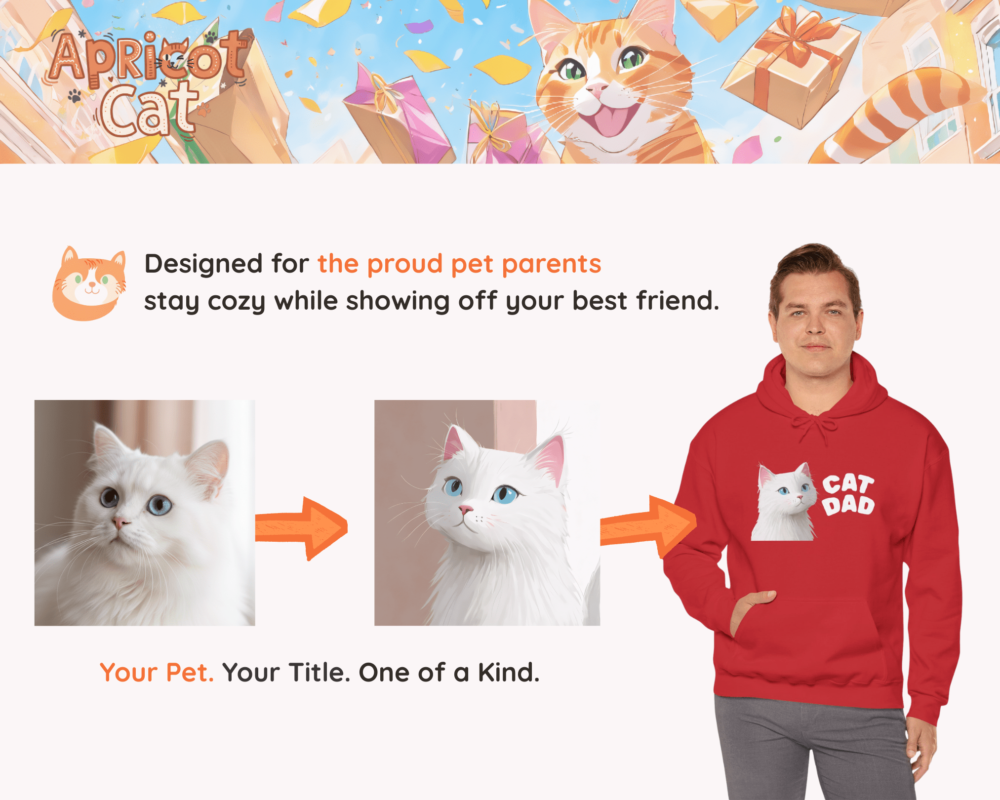 Custom Pet Portrait Hoodie | Personalized Dog Mom & Cat Dad Sweatshirt | Custom Pet Illustration from Photo | Gift for Pet Lovers - Apricot Cat Hoodie